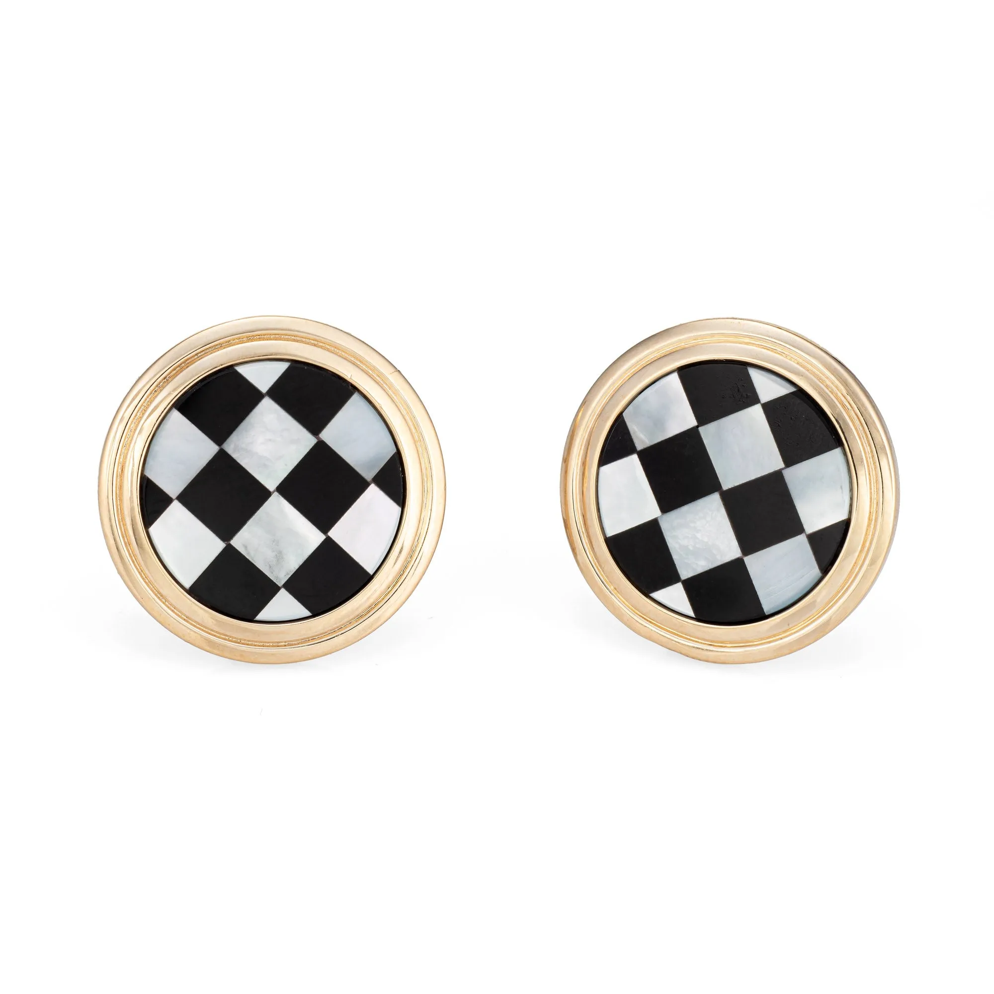 Vintage Checkerboard Earrings Larter & Sons Inlaid Onyx MOP 14k Yellow Gold