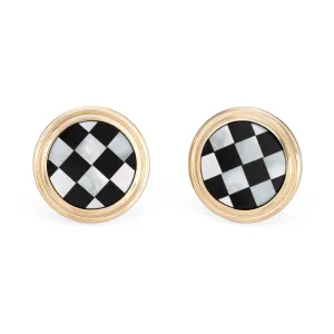 Vintage Checkerboard Earrings Larter & Sons Inlaid Onyx MOP 14k Yellow Gold