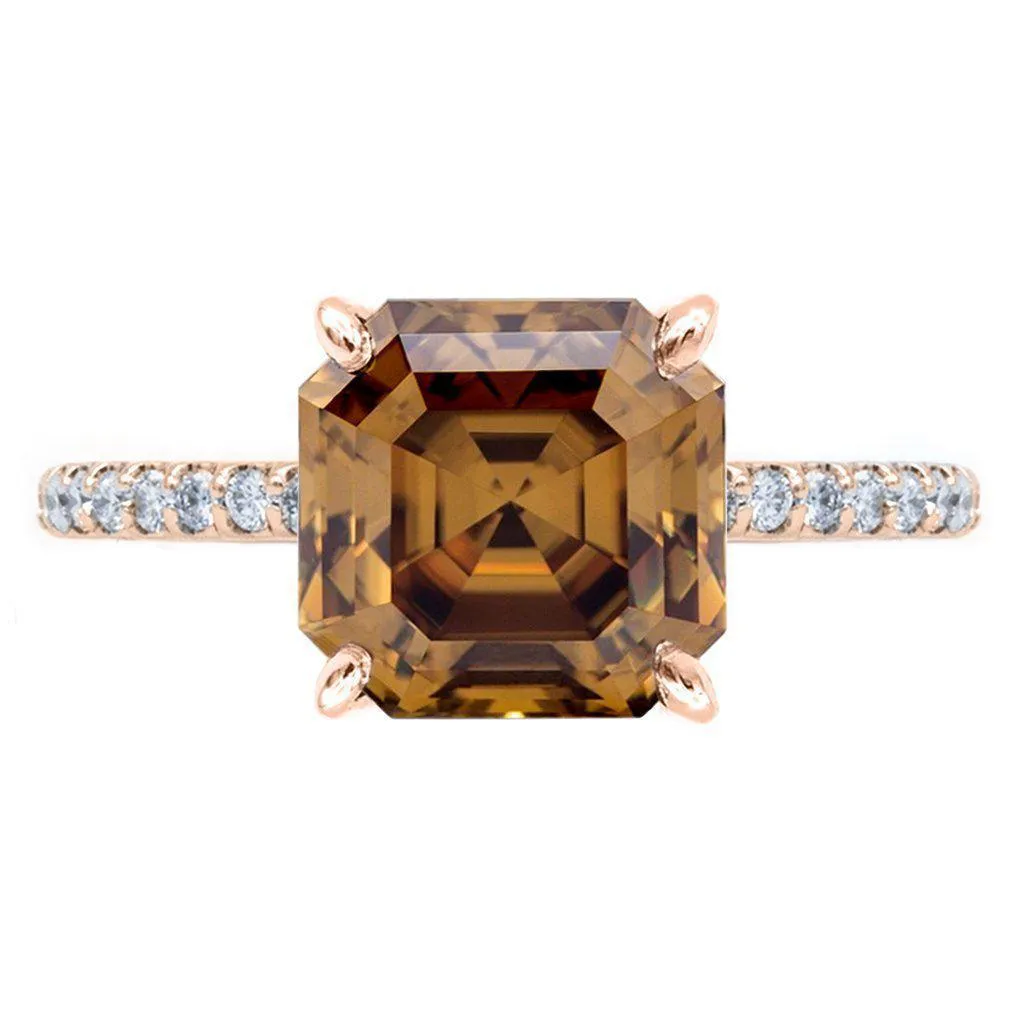 Vintage Cognac Asscher Moissanite 4 Prongs Diamond Accent Ice Solitaire Ring
