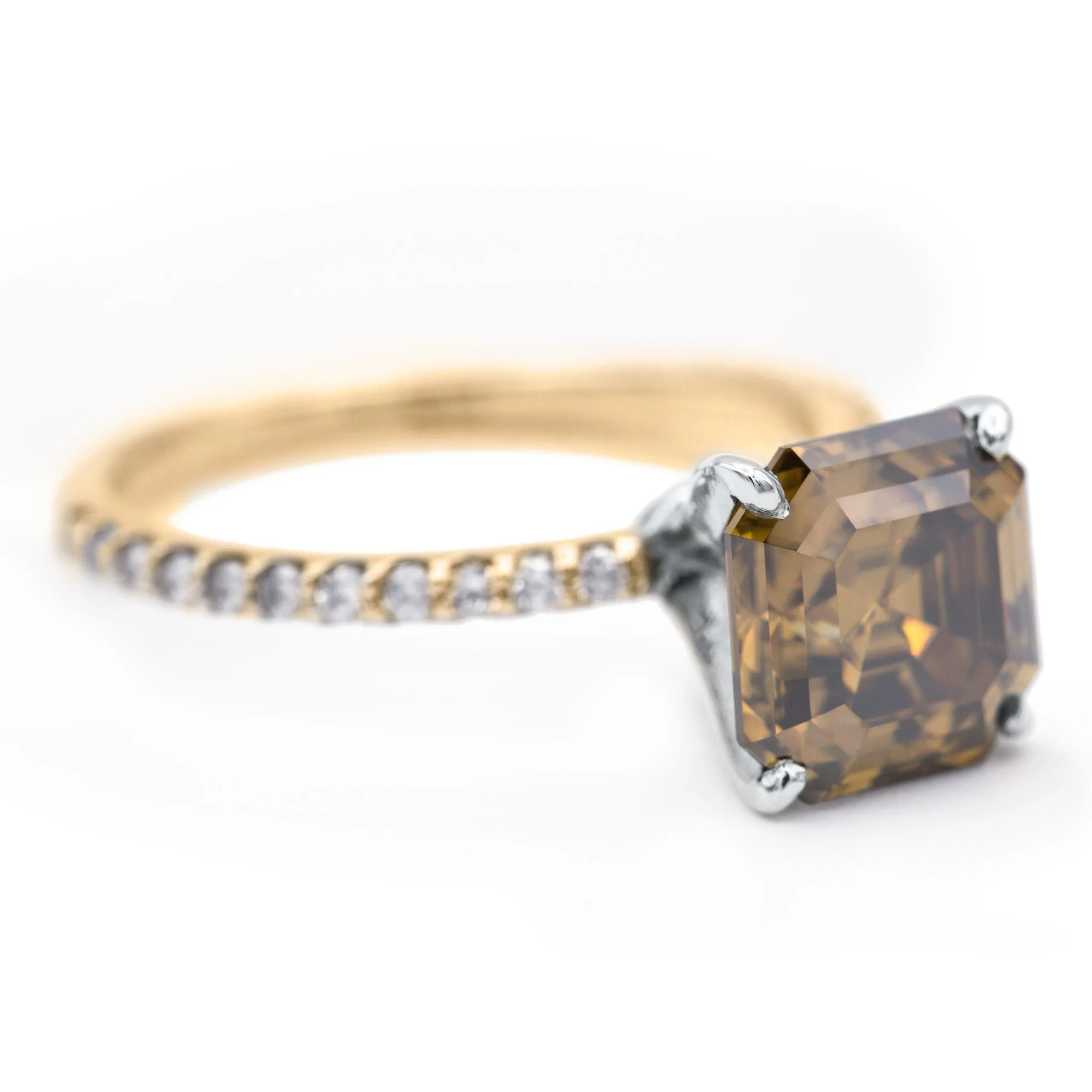 Vintage Cognac Asscher Moissanite 4 Prongs Diamond Accent Ice Solitaire Ring