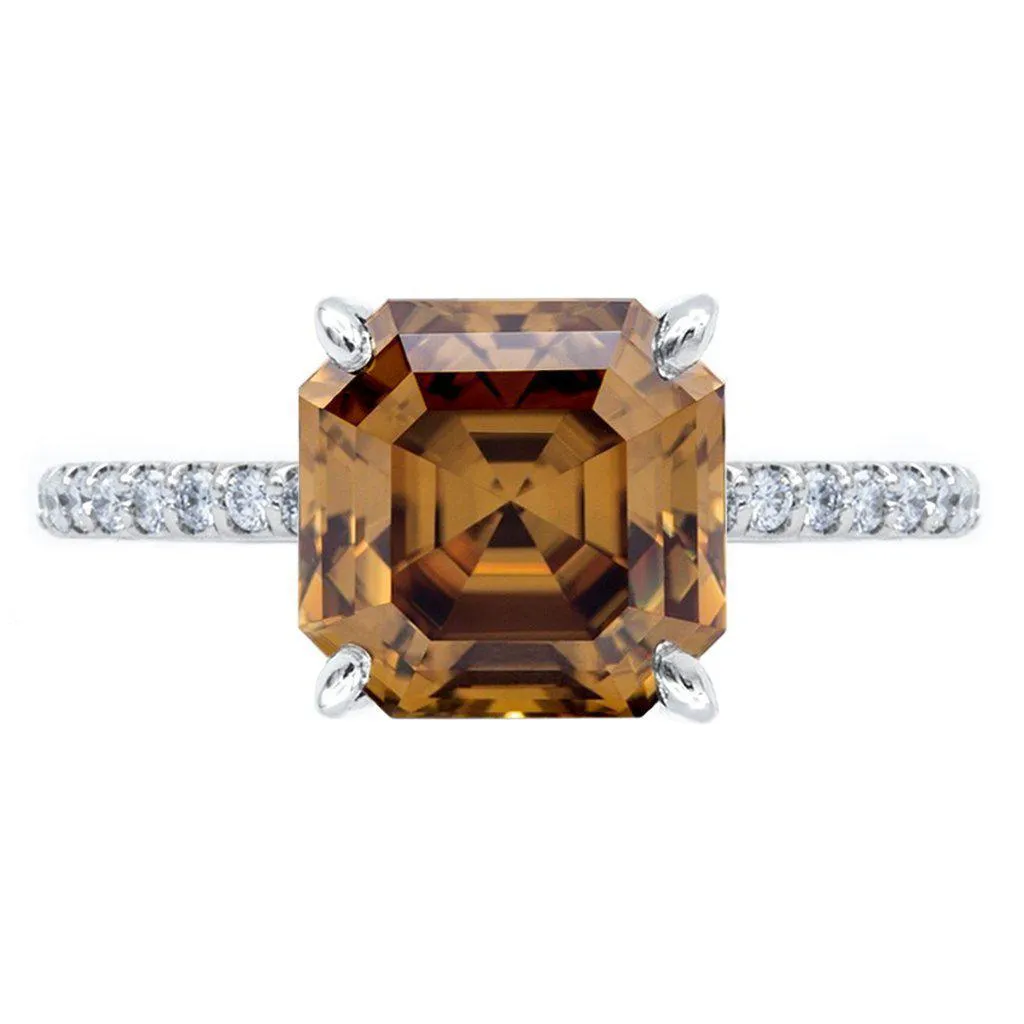 Vintage Cognac Asscher Moissanite 4 Prongs Diamond Accent Ice Solitaire Ring