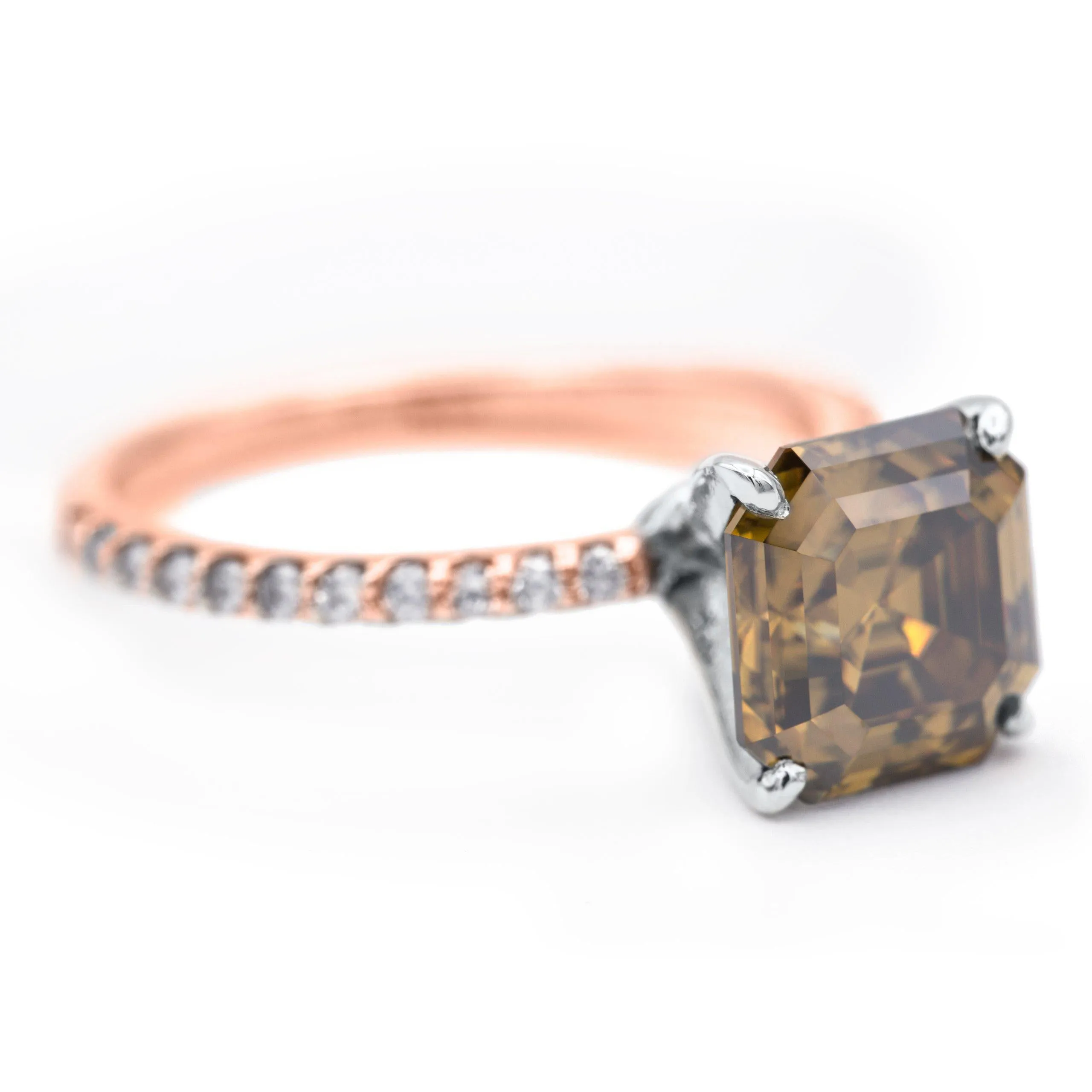 Vintage Cognac Asscher Moissanite 4 Prongs Diamond Accent Ice Solitaire Ring