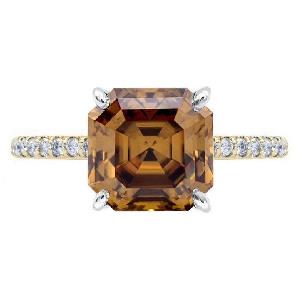 Vintage Cognac Asscher Moissanite 4 Prongs Diamond Accent Ice Solitaire Ring