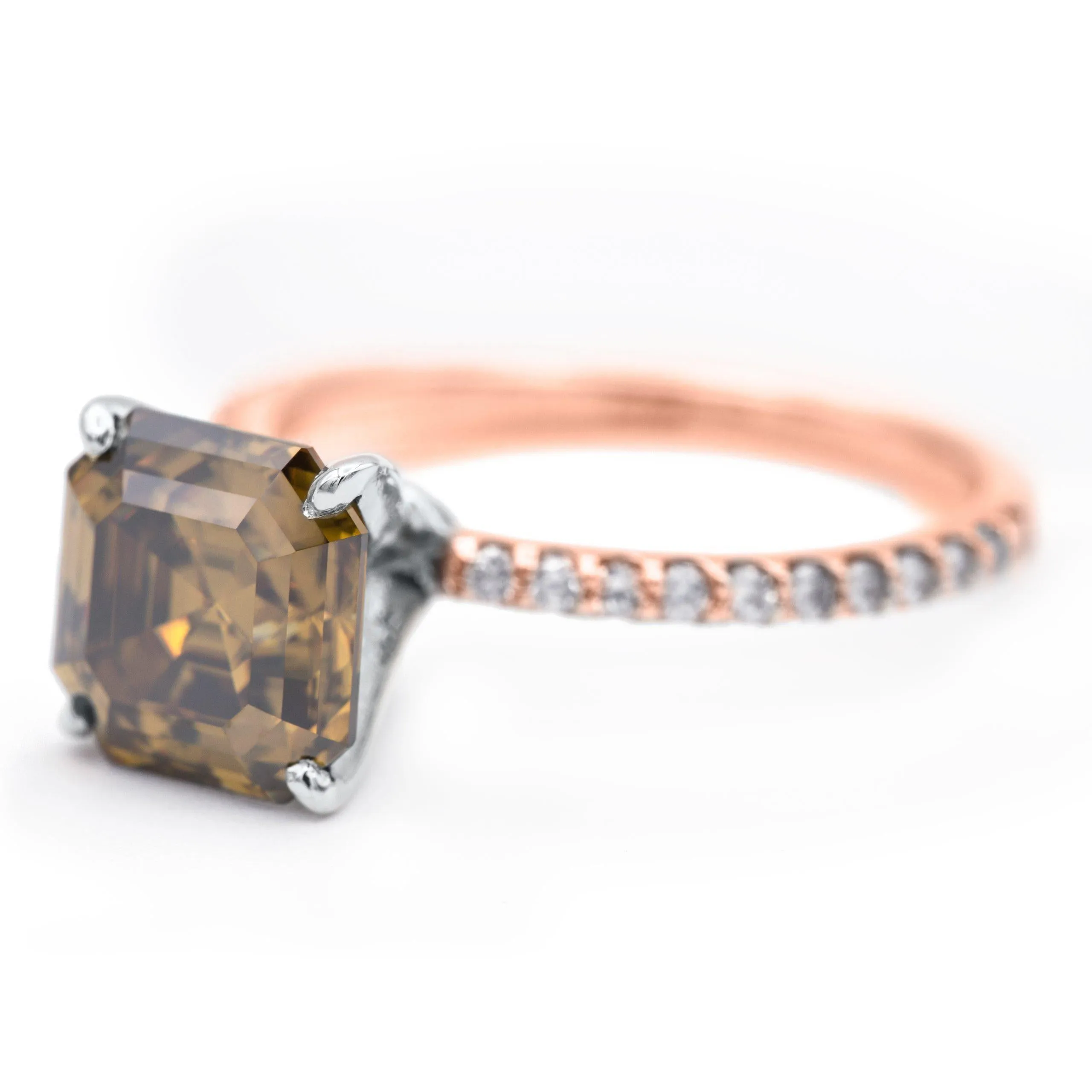Vintage Cognac Asscher Moissanite 4 Prongs Diamond Accent Ice Solitaire Ring