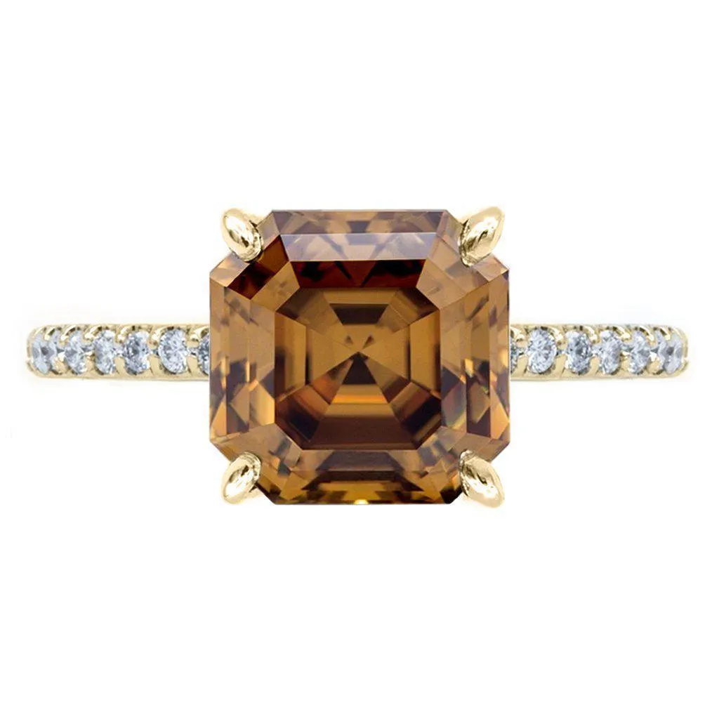 Vintage Cognac Asscher Moissanite 4 Prongs Diamond Accent Ice Solitaire Ring