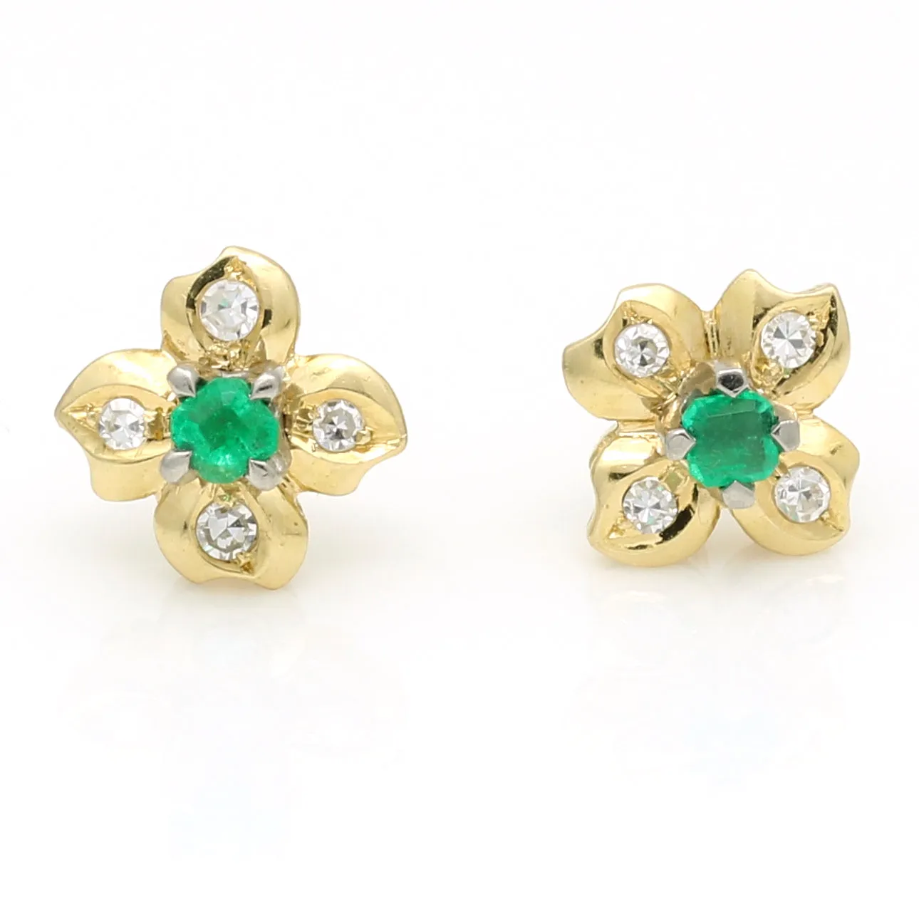 Vintage Emerald Diamond Four Petal Flower Stud Earrings - 18k Yellow Gold