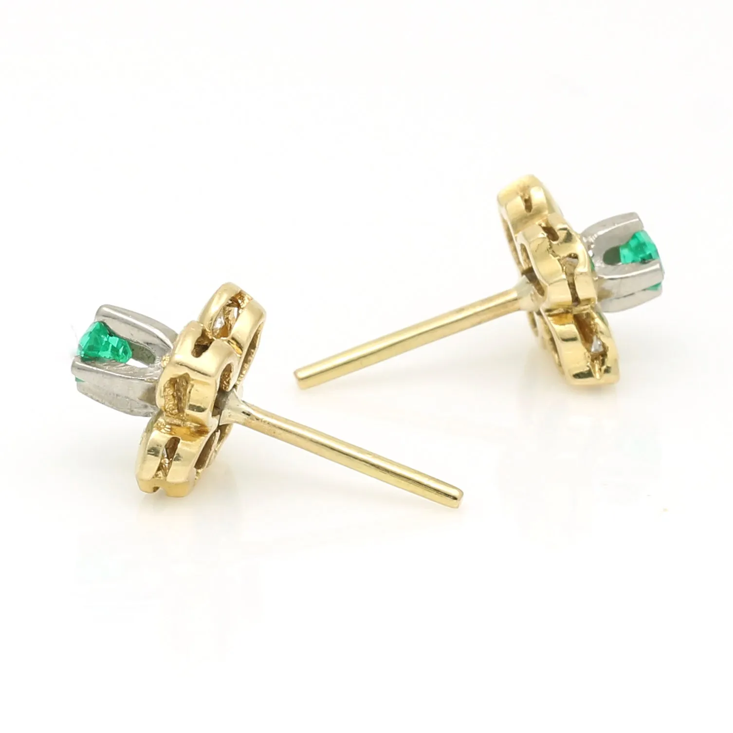 Vintage Emerald Diamond Four Petal Flower Stud Earrings - 18k Yellow Gold