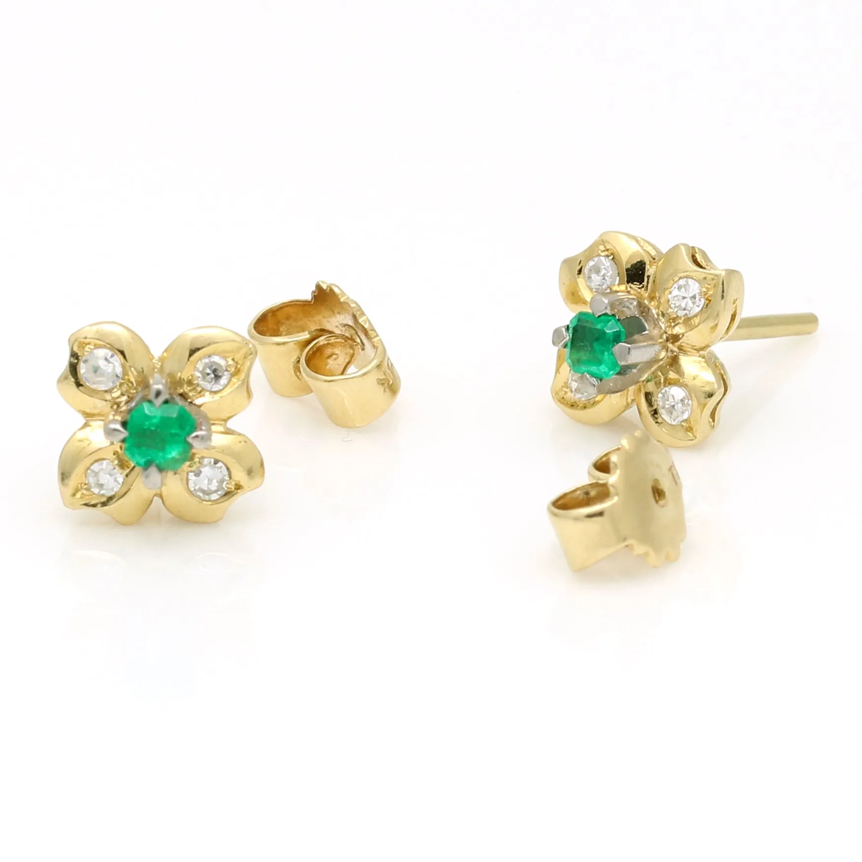 Vintage Emerald Diamond Four Petal Flower Stud Earrings - 18k Yellow Gold