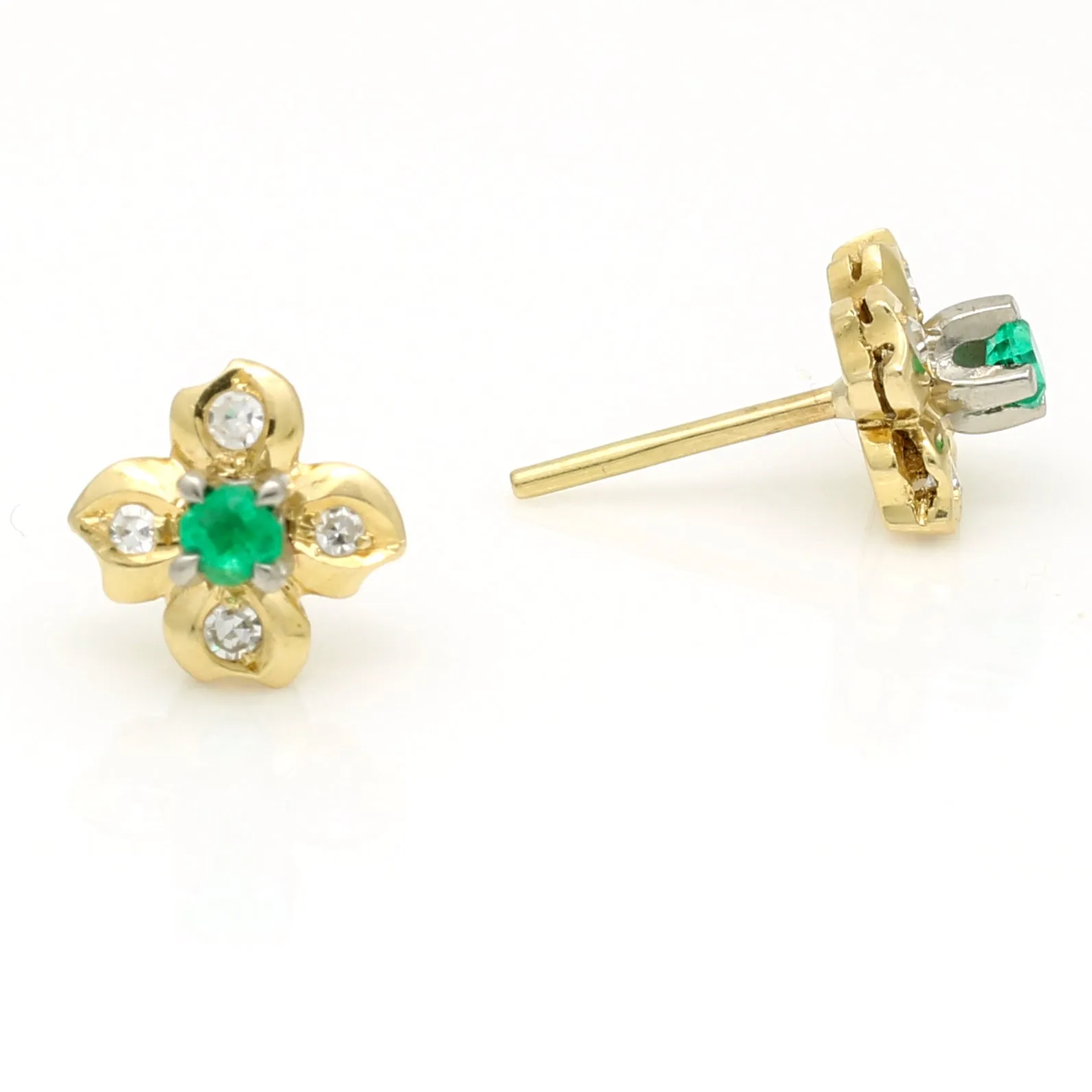 Vintage Emerald Diamond Four Petal Flower Stud Earrings - 18k Yellow Gold