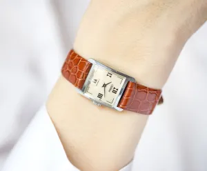 Vintage lady's watch square Roman numerals, new old stock watch for women gift, small watch jewlery minimalist, new premium leather strap