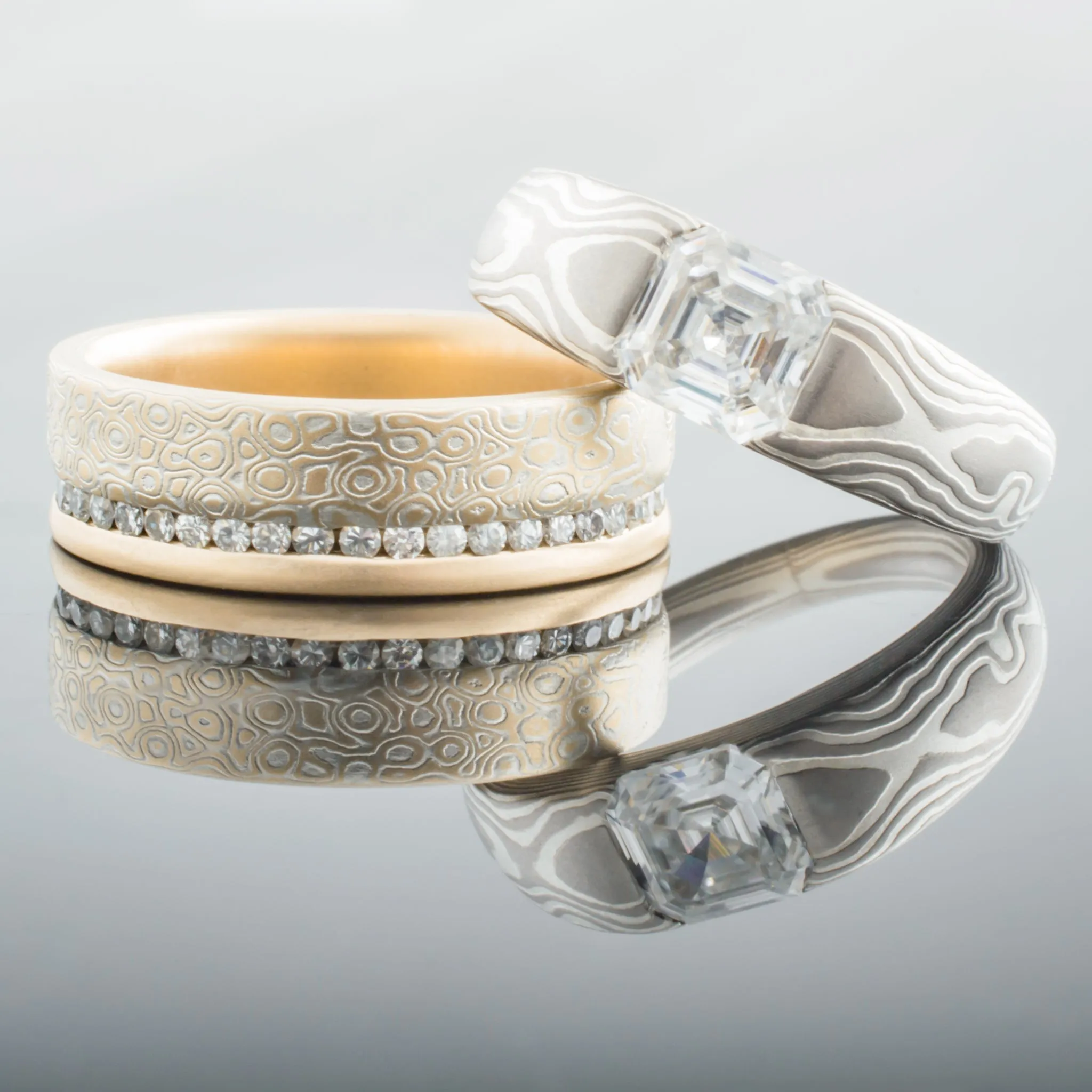 Vintage Mokume Gane Wedding Bands or Ring Set in Woodgrain and Droplet Pattern with Channel and Cathedral Settings