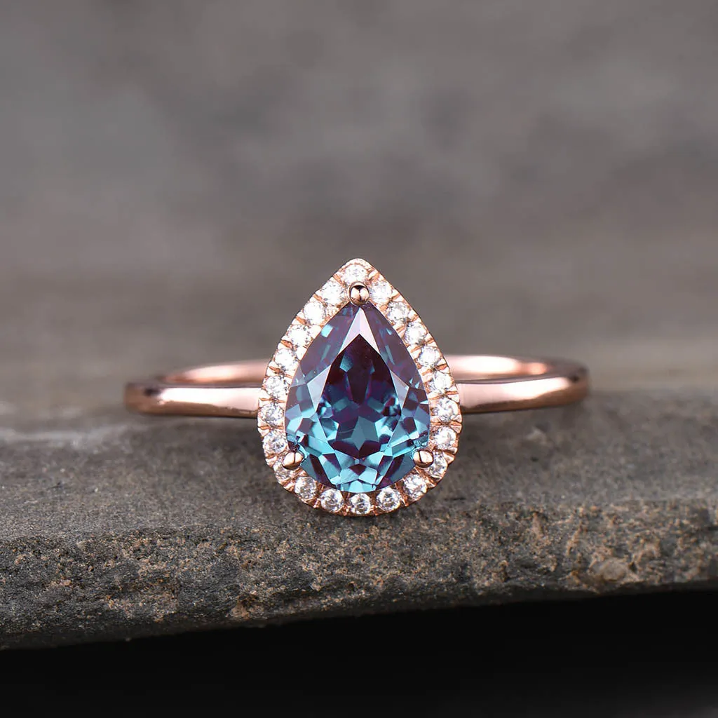 Vintage Pear Shaped Lab Alexandrite Engagement Ring