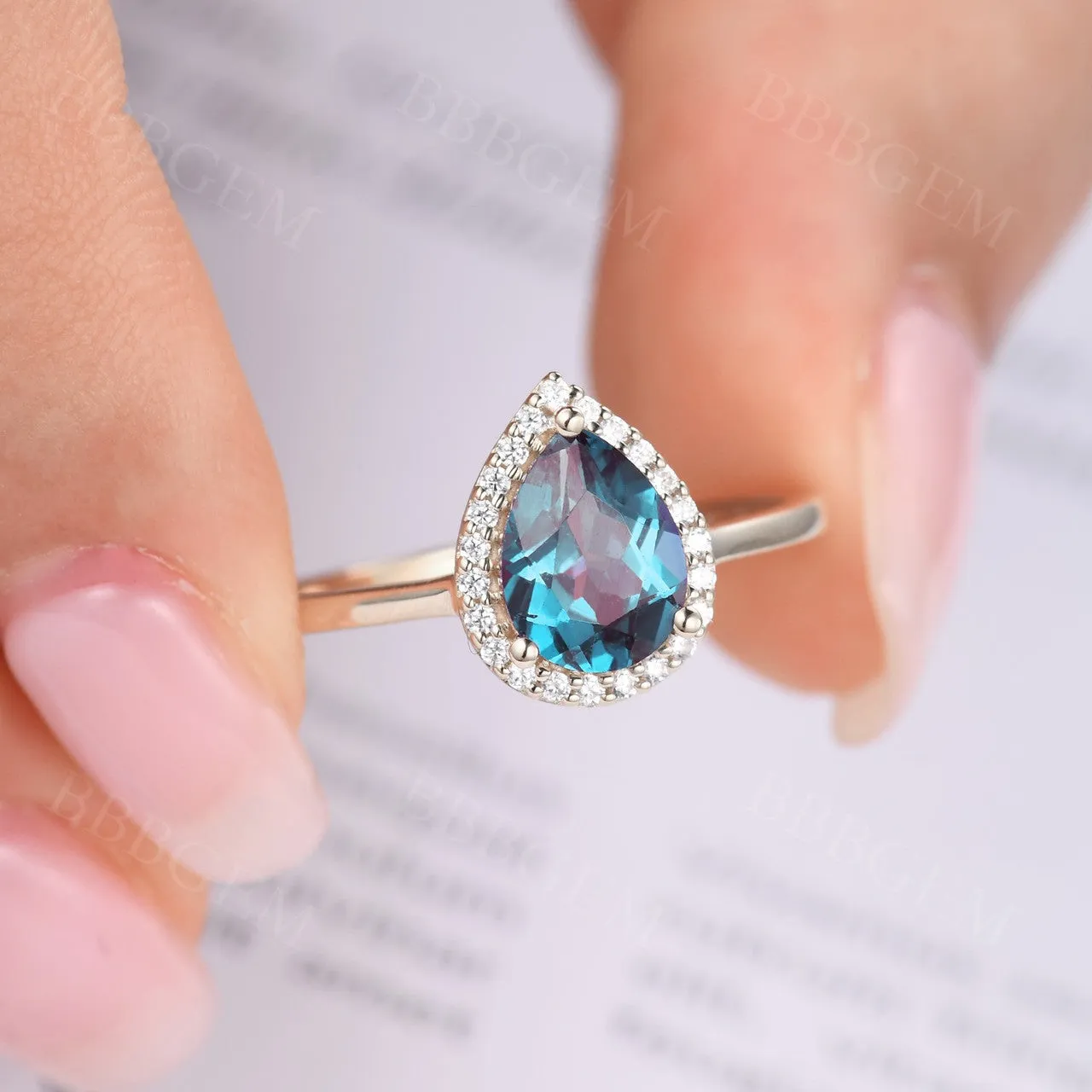 Vintage Pear Shaped Lab Alexandrite Engagement Ring