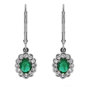 Vintage Style Oval Emerald and Diamond Halo Dangle Earrings