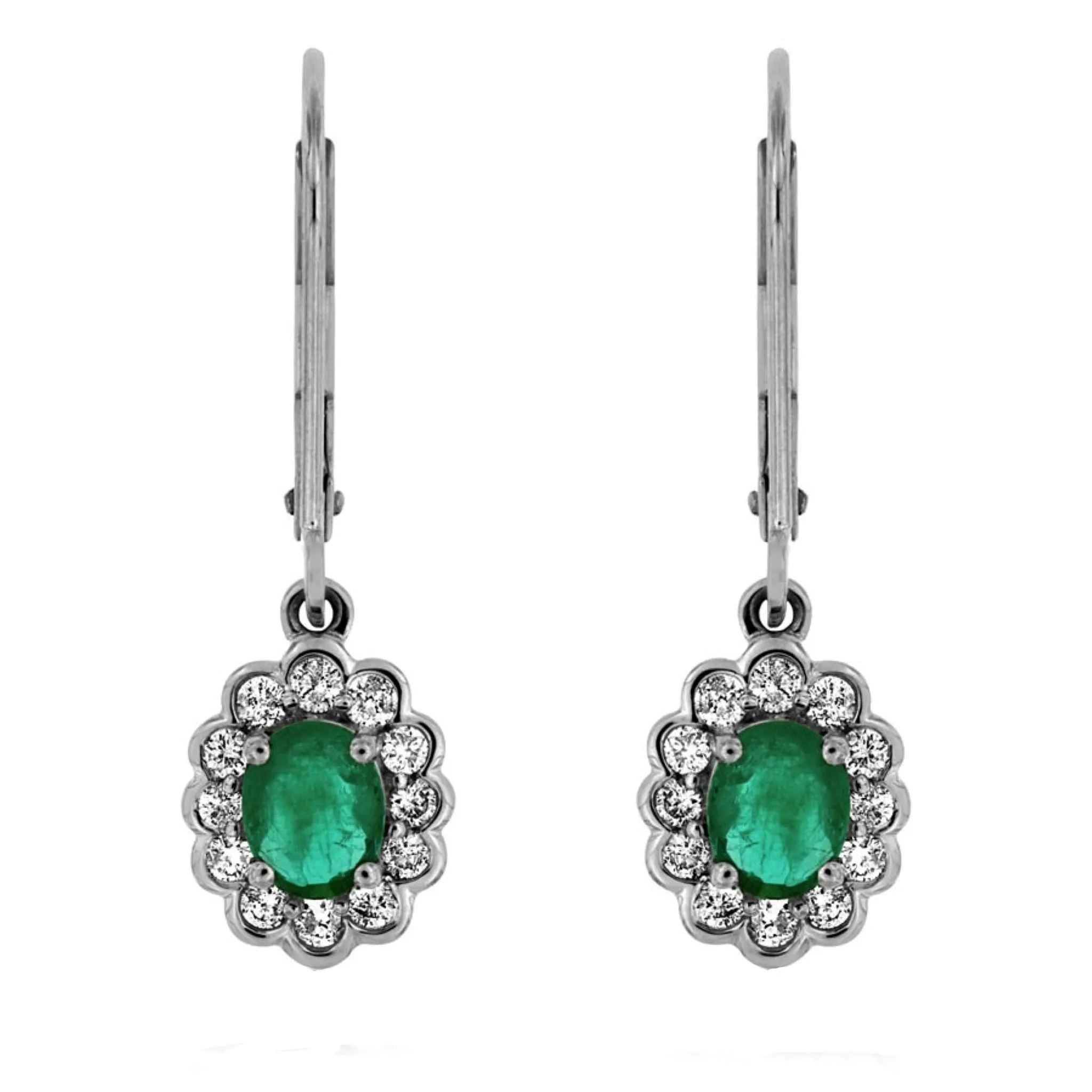Vintage Style Oval Emerald and Diamond Halo Dangle Earrings