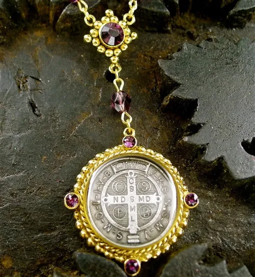 Virgins, Saints and Angels San Benito Amethyst Crystal Rosary Necklace