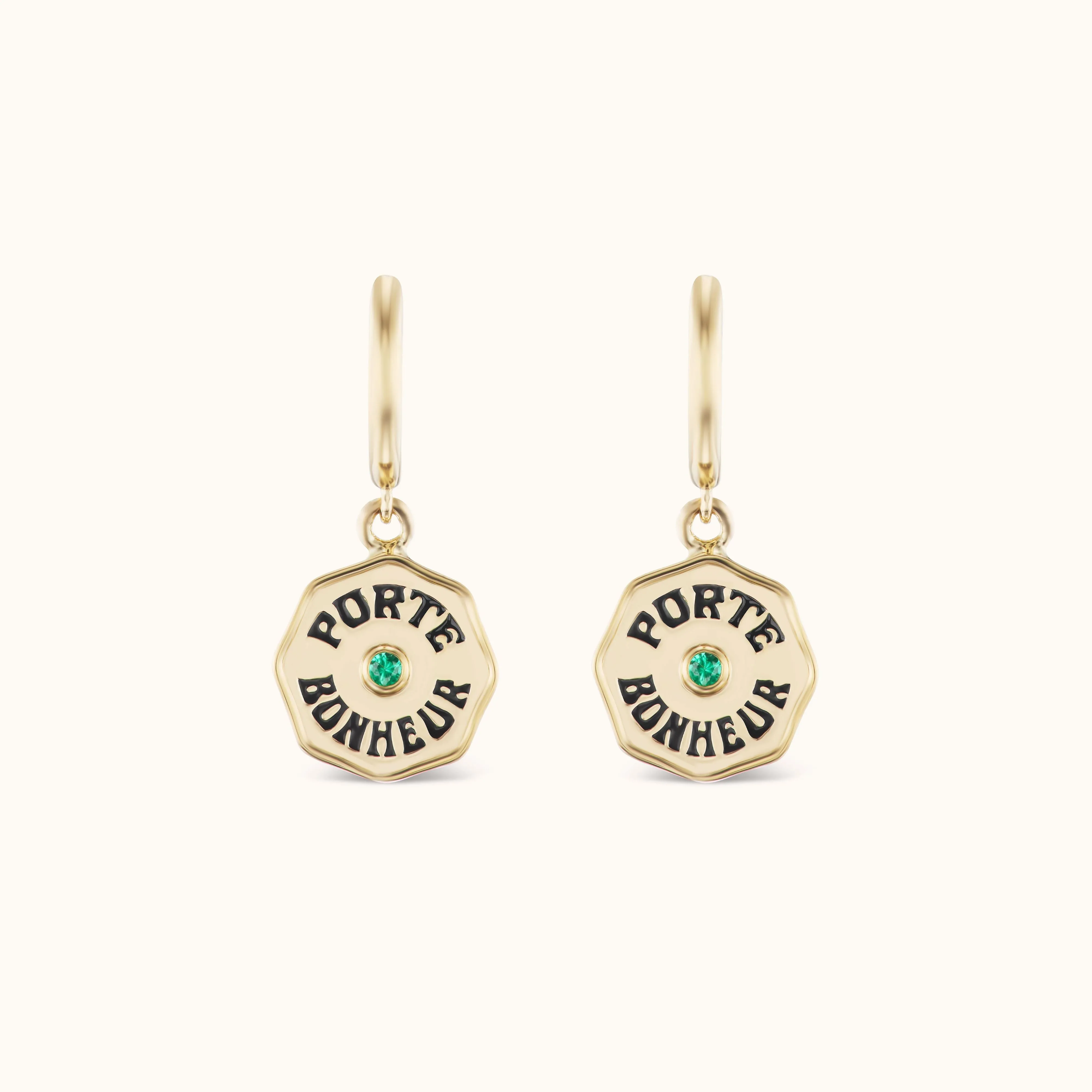 Wee Porte Bonheur Hoops with Emerald and Raised Gold