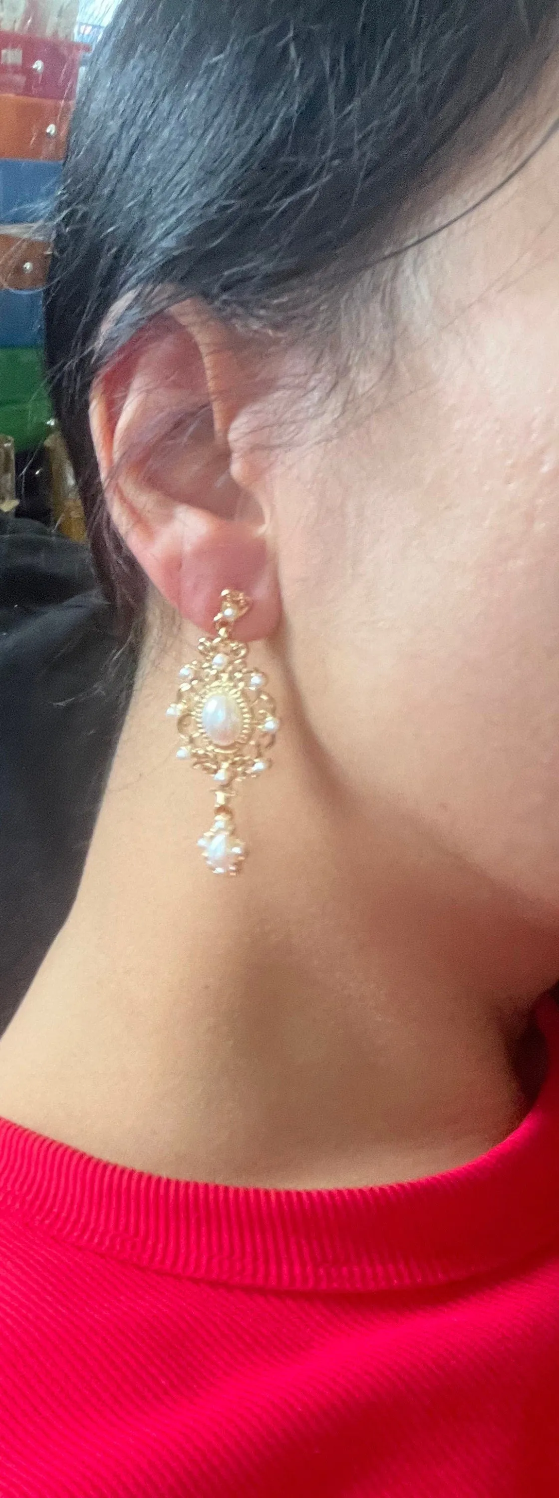 White pearl earrings , long Artificial pearl gold Victorian  earrings , long white earrings  gold bride earrings , white pearl earring