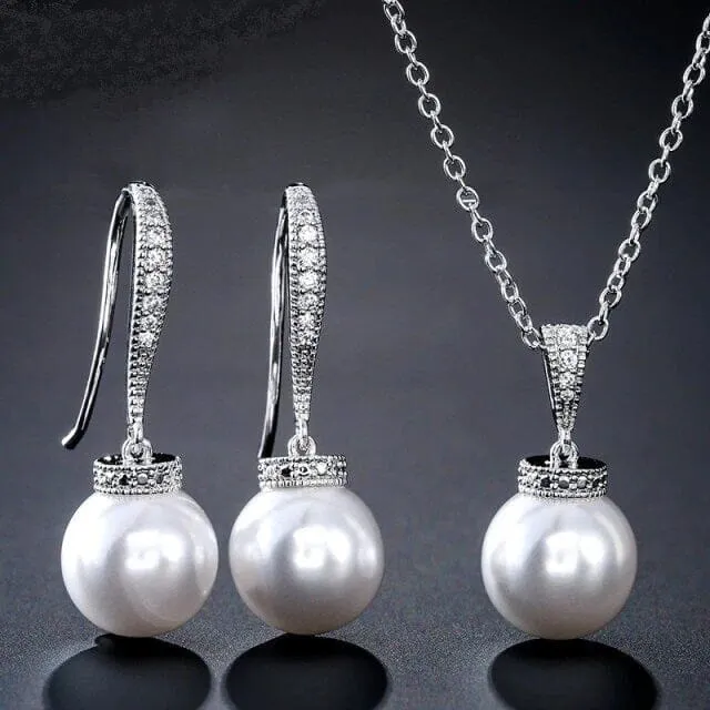 White Pearl Necklace and Earrings Set, Wedding 3 PC Jewelry Set, Bridal or Bridesmaid Earrings and Pearl Pendant Chain Necklace