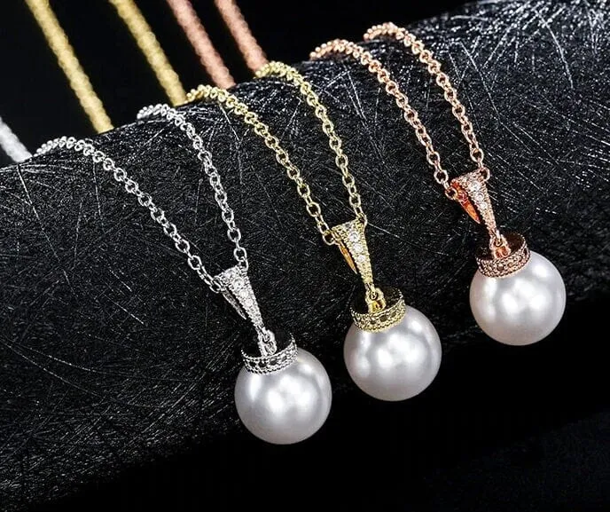 White Pearl Necklace and Earrings Set, Wedding 3 PC Jewelry Set, Bridal or Bridesmaid Earrings and Pearl Pendant Chain Necklace