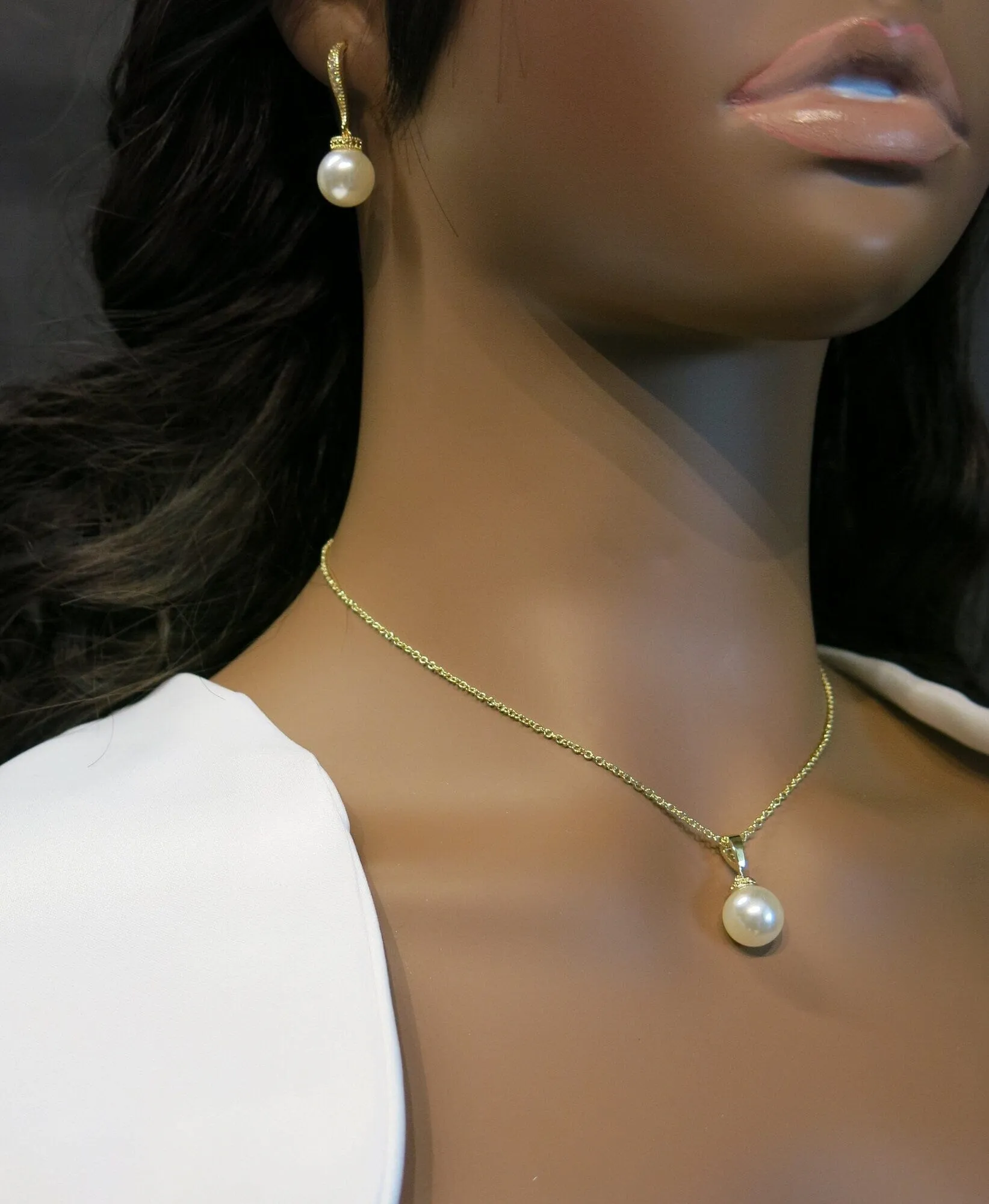 White Pearl Necklace and Earrings Set, Wedding 3 PC Jewelry Set, Bridal or Bridesmaid Earrings and Pearl Pendant Chain Necklace