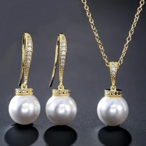 White Pearl Necklace and Earrings Set, Wedding 3 PC Jewelry Set, Bridal or Bridesmaid Earrings and Pearl Pendant Chain Necklace