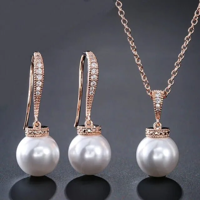 White Pearl Necklace and Earrings Set, Wedding 3 PC Jewelry Set, Bridal or Bridesmaid Earrings and Pearl Pendant Chain Necklace