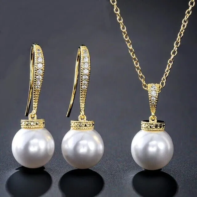 White Pearl Necklace and Earrings Set, Wedding 3 PC Jewelry Set, Bridal or Bridesmaid Earrings and Pearl Pendant Chain Necklace