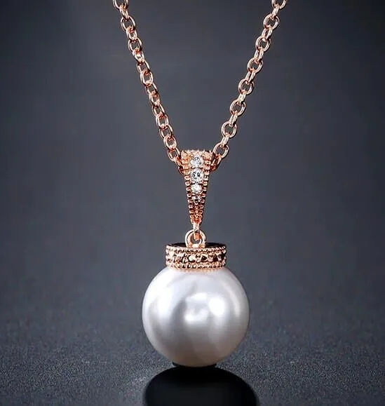 White Pearl Necklace and Earrings Set, Wedding 3 PC Jewelry Set, Bridal or Bridesmaid Earrings and Pearl Pendant Chain Necklace