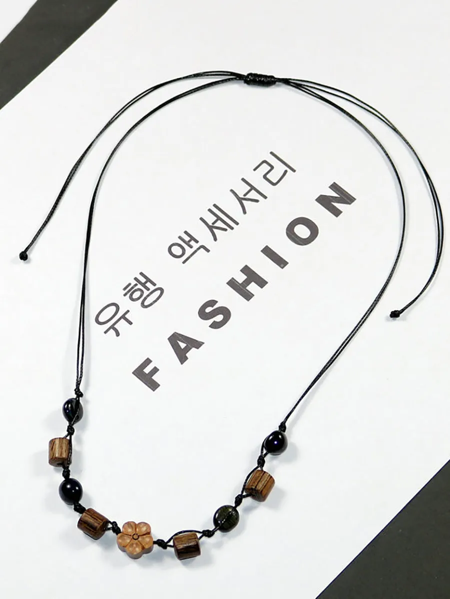 Women Artsy Wooden Straw Geometric Pendent Necklace
