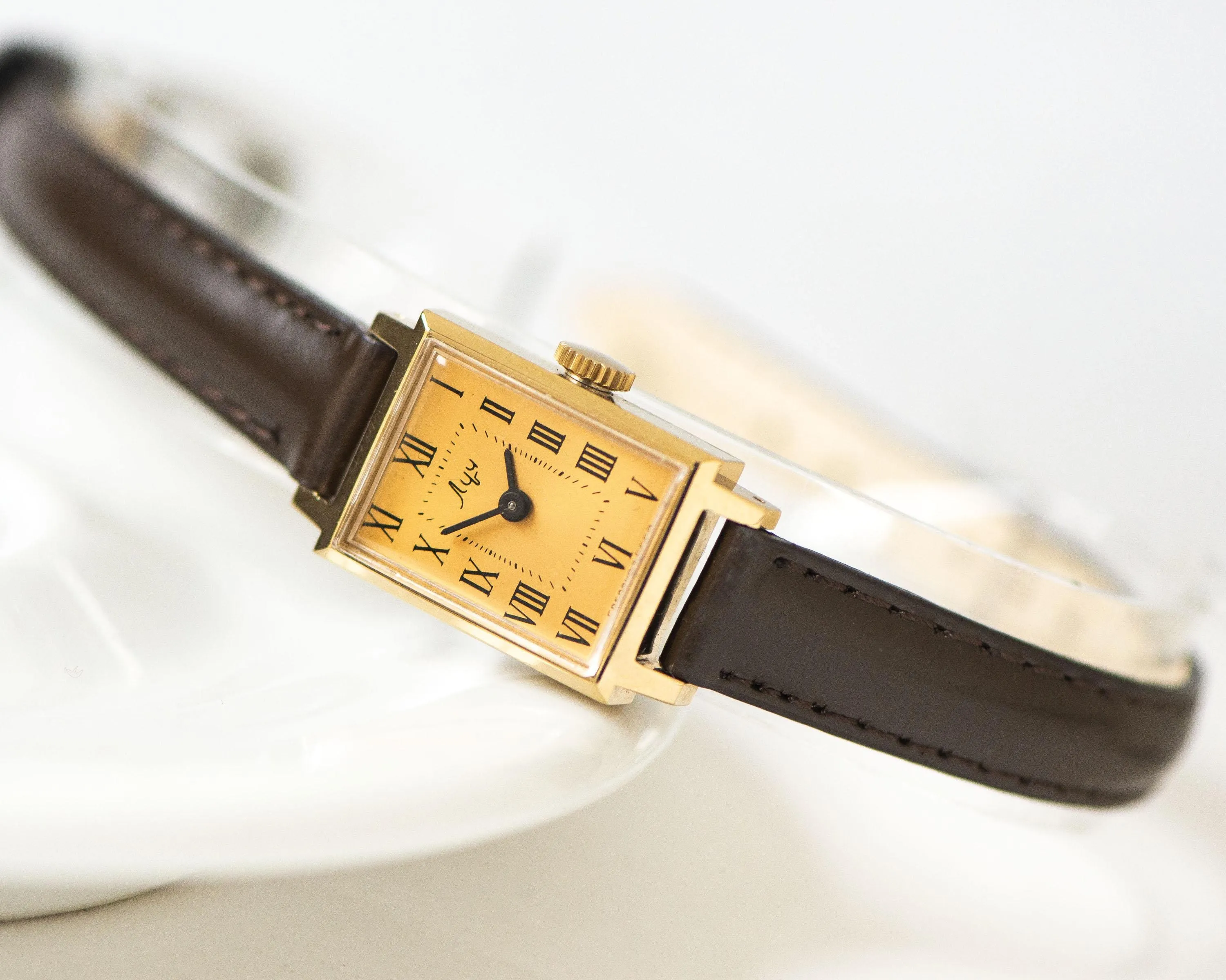 Women watch tank gold plated Ray unused vintage gift, lady watch rectangular Roman numerals yellow dial serviced watch genuine leather strap