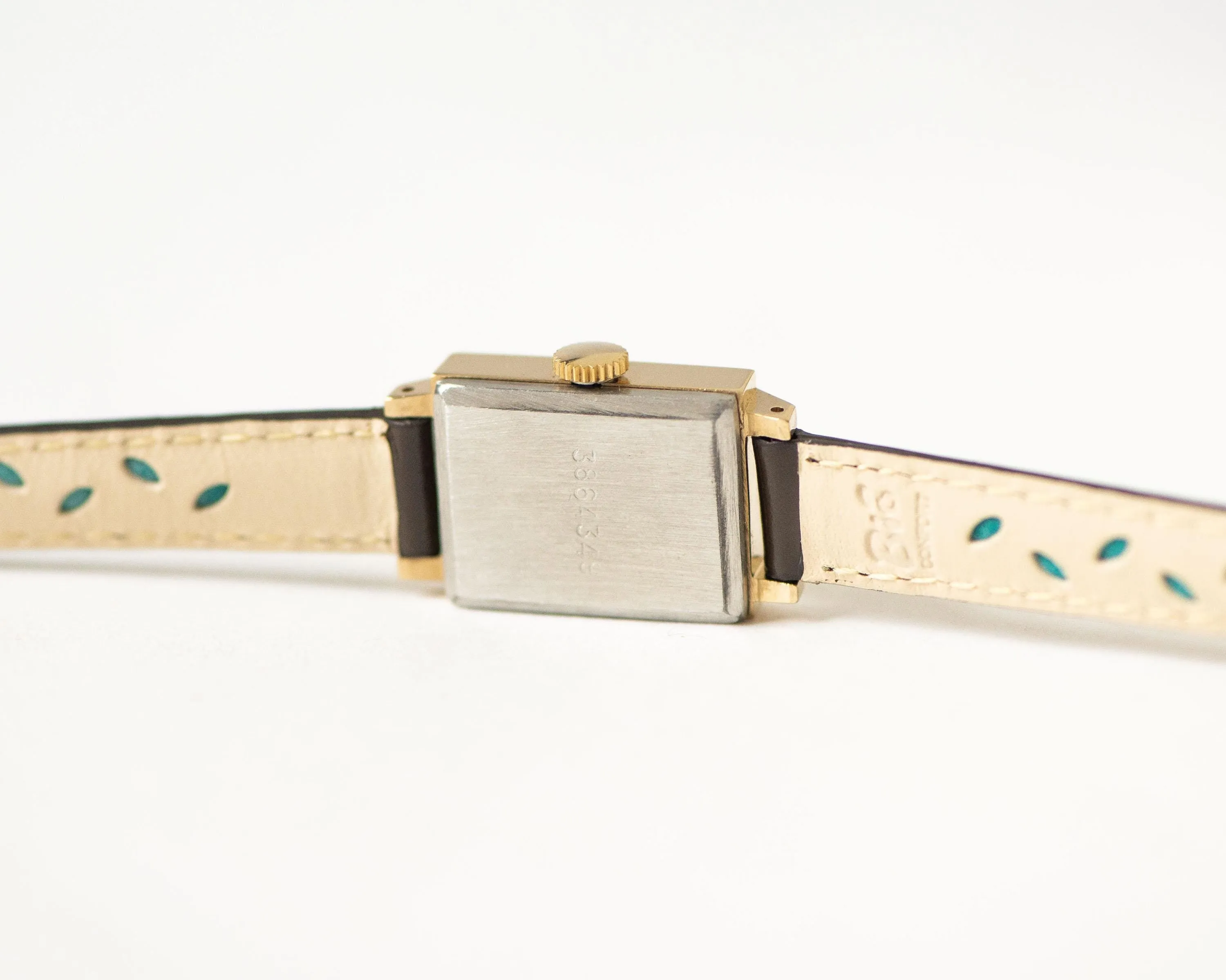 Women watch tank gold plated Ray unused vintage gift, lady watch rectangular Roman numerals yellow dial serviced watch genuine leather strap