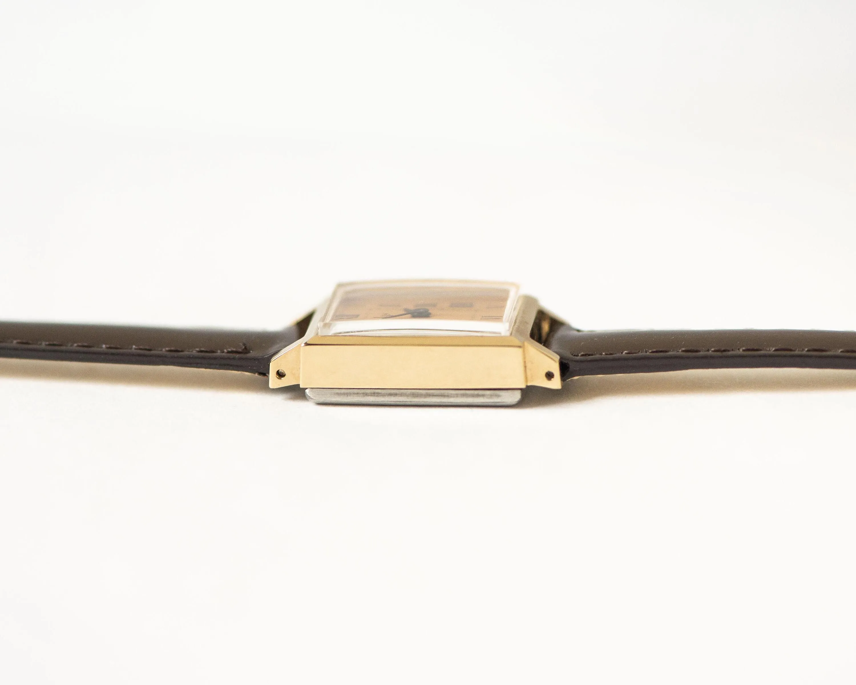 Women watch tank gold plated Ray unused vintage gift, lady watch rectangular Roman numerals yellow dial serviced watch genuine leather strap