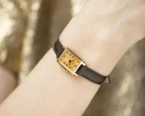 Women watch tank gold plated Ray unused vintage gift, lady watch rectangular Roman numerals yellow dial serviced watch genuine leather strap