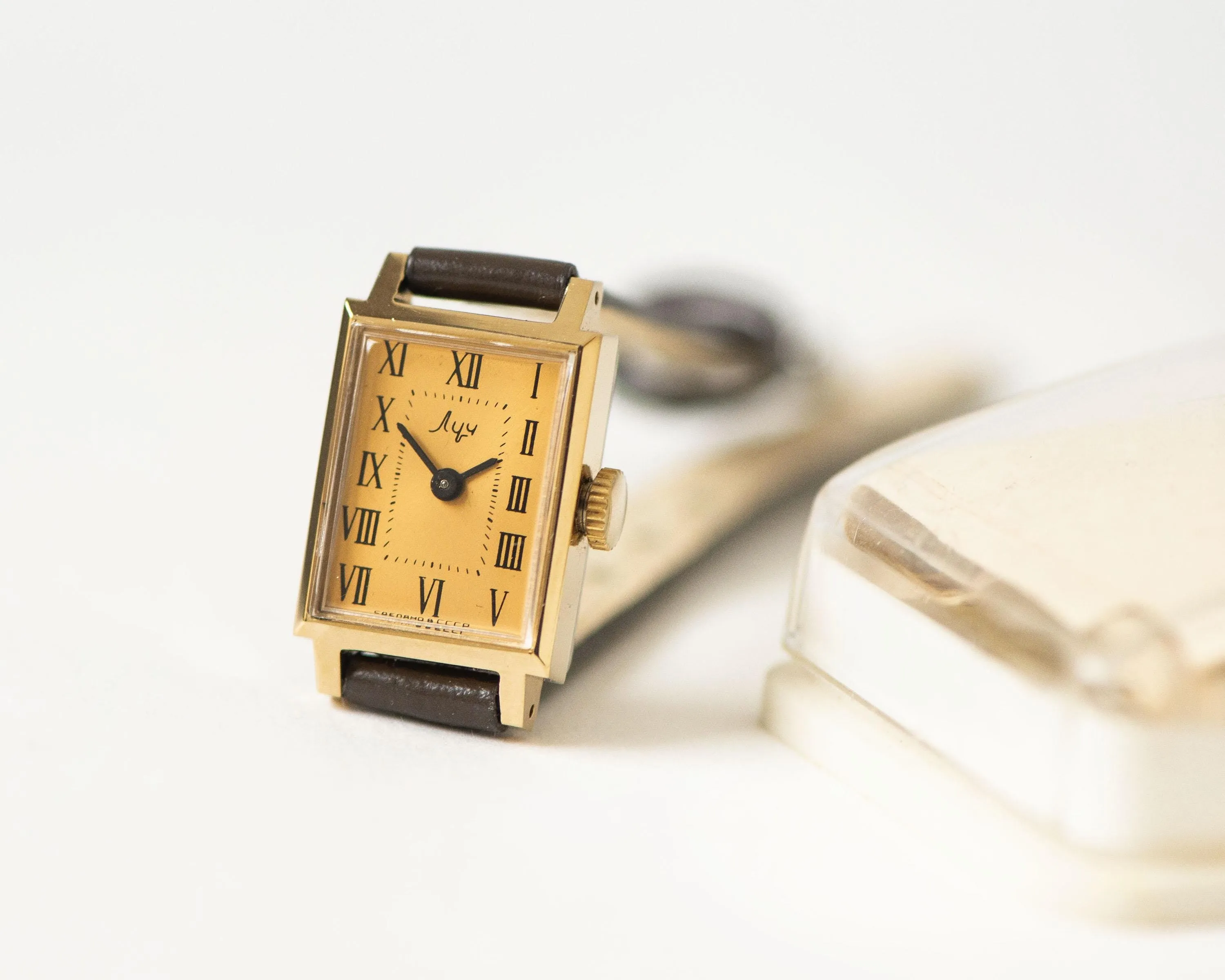 Women watch tank gold plated Ray unused vintage gift, lady watch rectangular Roman numerals yellow dial serviced watch genuine leather strap