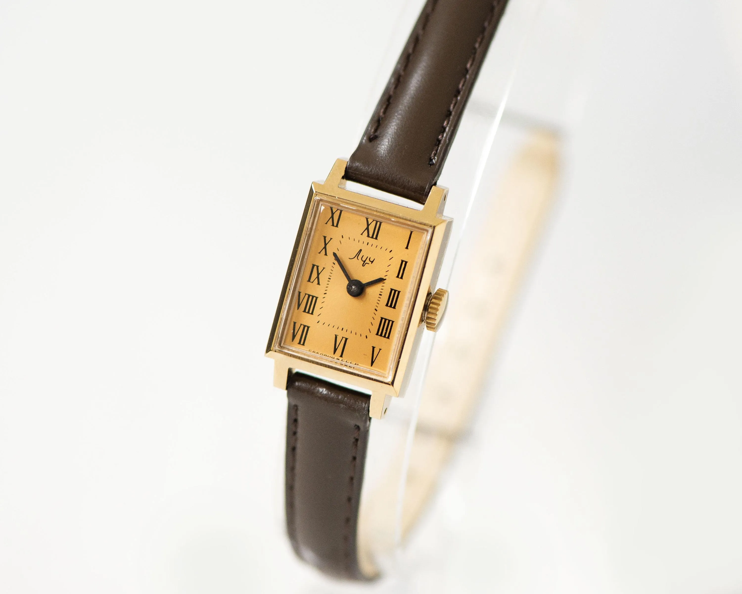 Women watch tank gold plated Ray unused vintage gift, lady watch rectangular Roman numerals yellow dial serviced watch genuine leather strap