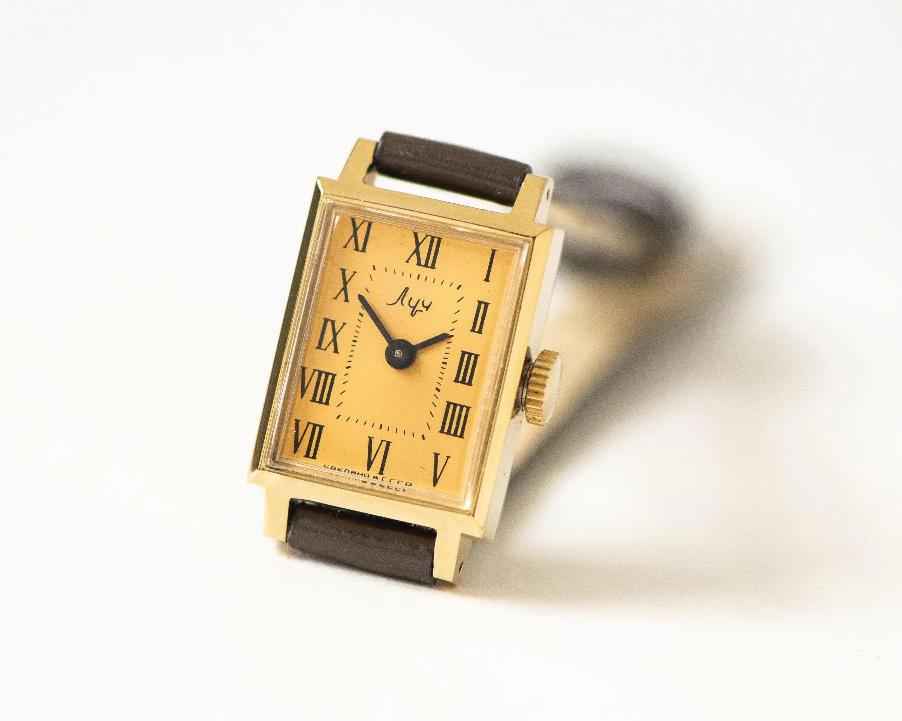 Women watch tank gold plated Ray unused vintage gift, lady watch rectangular Roman numerals yellow dial serviced watch genuine leather strap