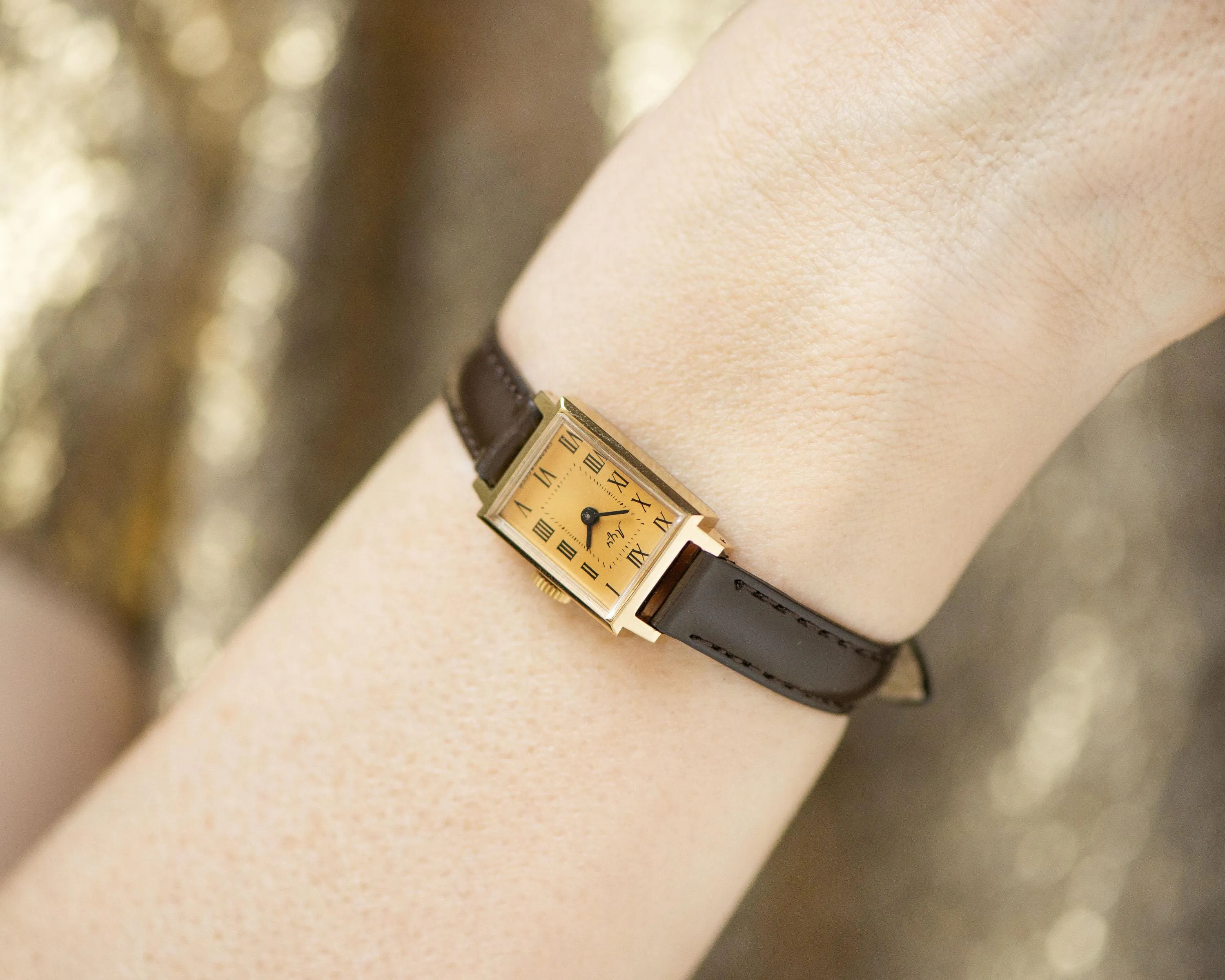 Women watch tank gold plated Ray unused vintage gift, lady watch rectangular Roman numerals yellow dial serviced watch genuine leather strap