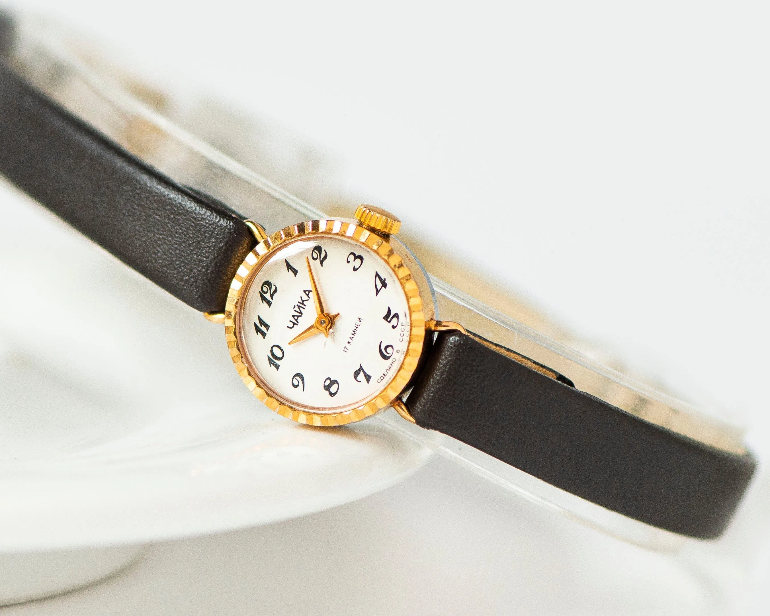 Women wristwatch Seagull gold plated sunburst case, dainty women watch, vintage rare design watch classic gift, new premium leather strap