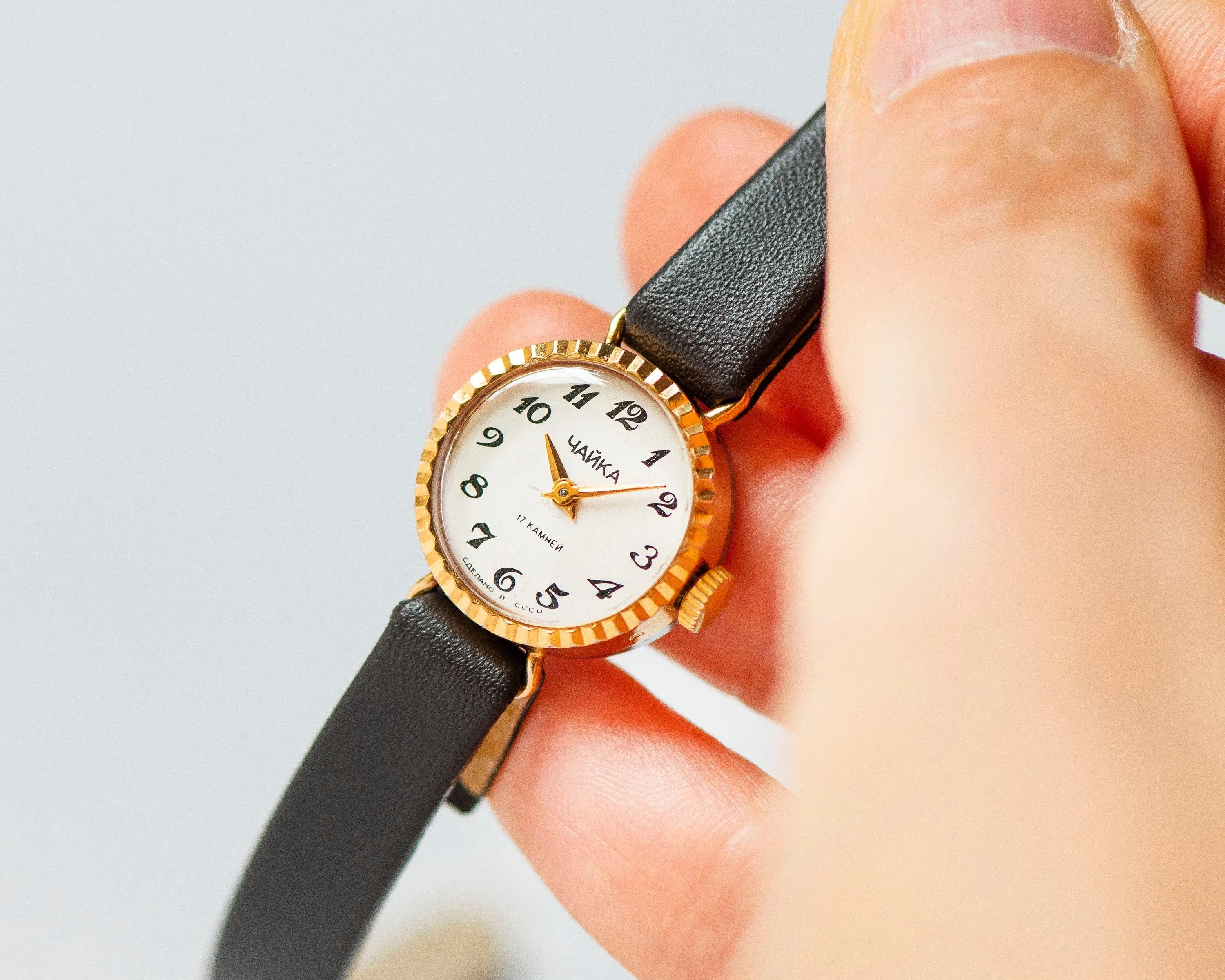 Women wristwatch Seagull gold plated sunburst case, dainty women watch, vintage rare design watch classic gift, new premium leather strap