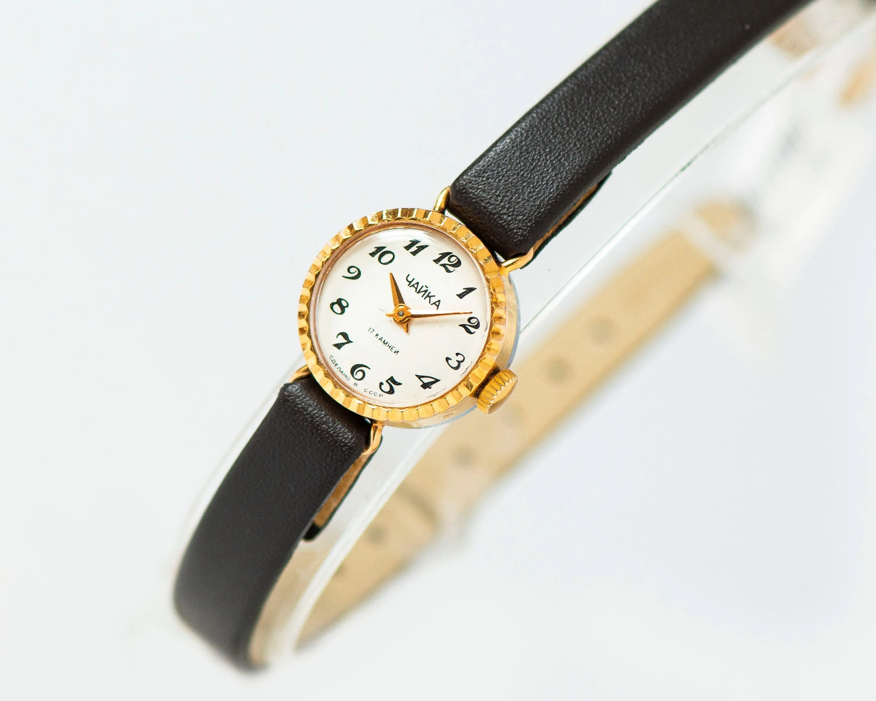 Women wristwatch Seagull gold plated sunburst case, dainty women watch, vintage rare design watch classic gift, new premium leather strap