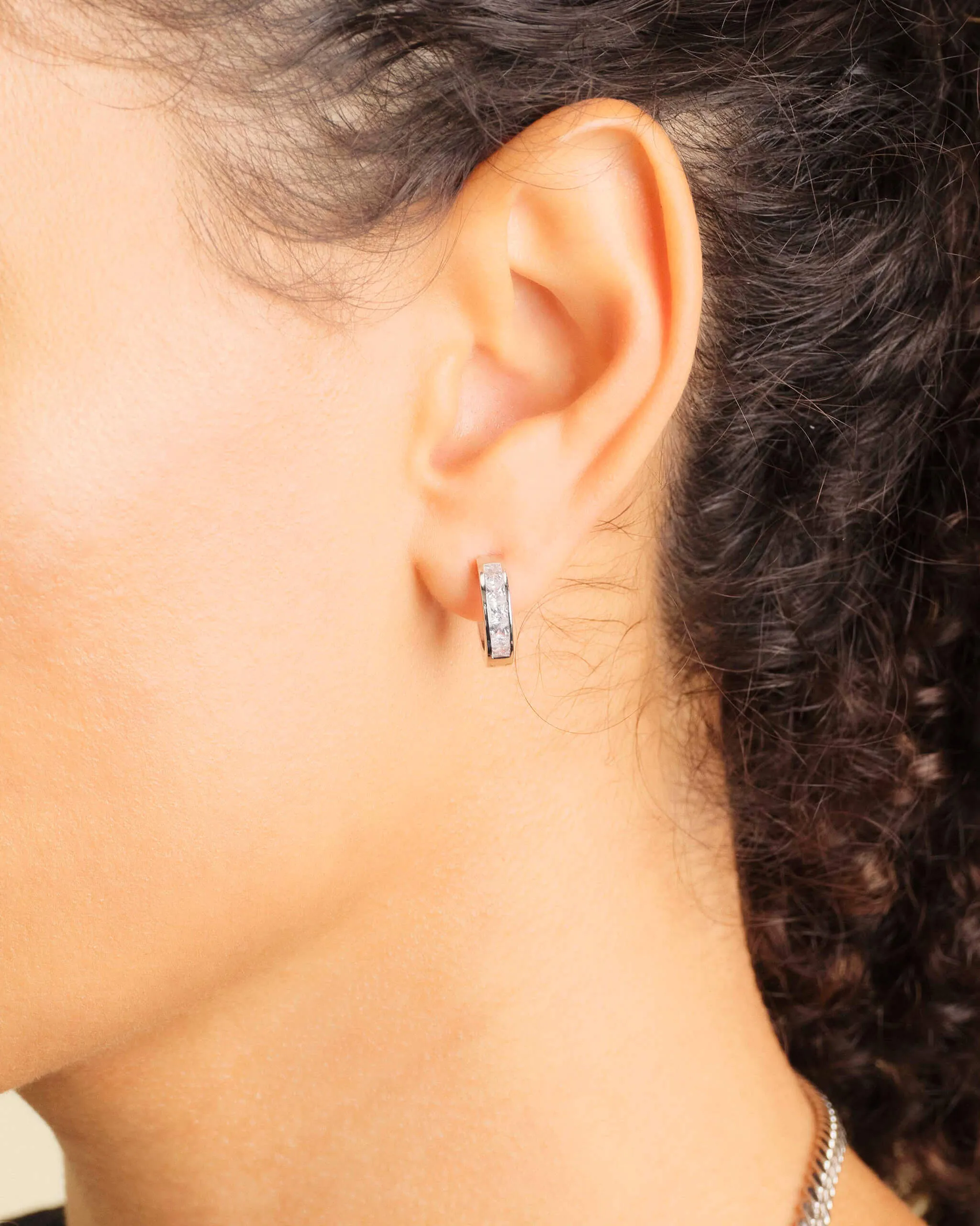 Women's Emerald Cut Inset Hoop Earrings - Silver