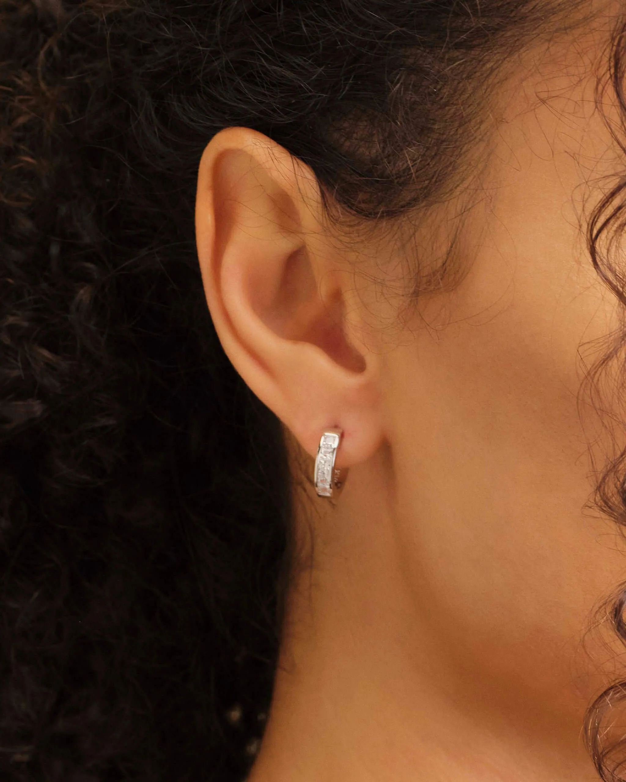 Women's Emerald Cut Inset Hoop Earrings - Silver