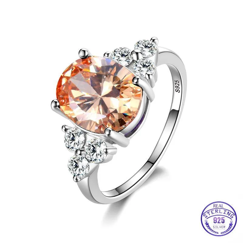 Women's Modern Elegant Jewelry 925 Sterling Silver Rings Premium White Pink Light Blue Champagne Zircon Oval Luxury Wedding Ring