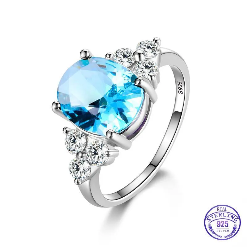 Women's Modern Elegant Jewelry 925 Sterling Silver Rings Premium White Pink Light Blue Champagne Zircon Oval Luxury Wedding Ring