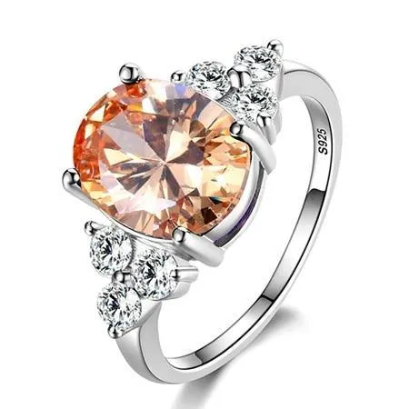Women's Modern Elegant Jewelry 925 Sterling Silver Rings Premium White Pink Light Blue Champagne Zircon Oval Luxury Wedding Ring
