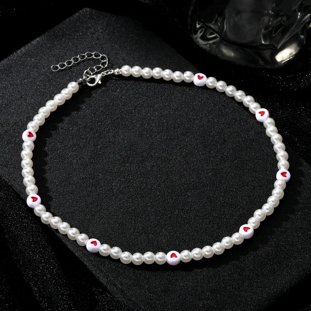 Y2K Artificial Pearls Beads Necklace for Women Girls Red Heart Pendant Cute Love Vintage Choker Necklaces Fashion Jewelry