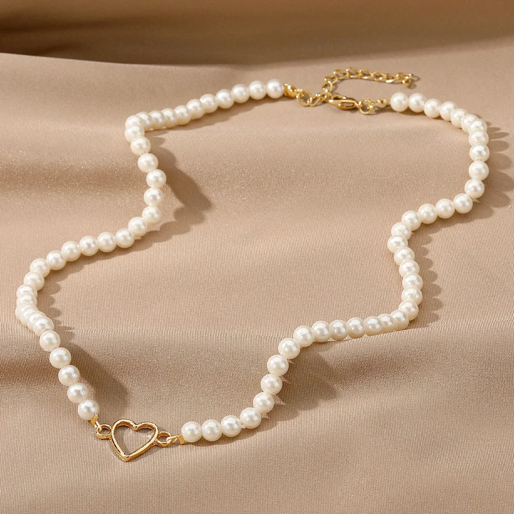 Y2K Artificial Pearls Beads Necklace for Women Girls Red Heart Pendant Cute Love Vintage Choker Necklaces Fashion Jewelry
