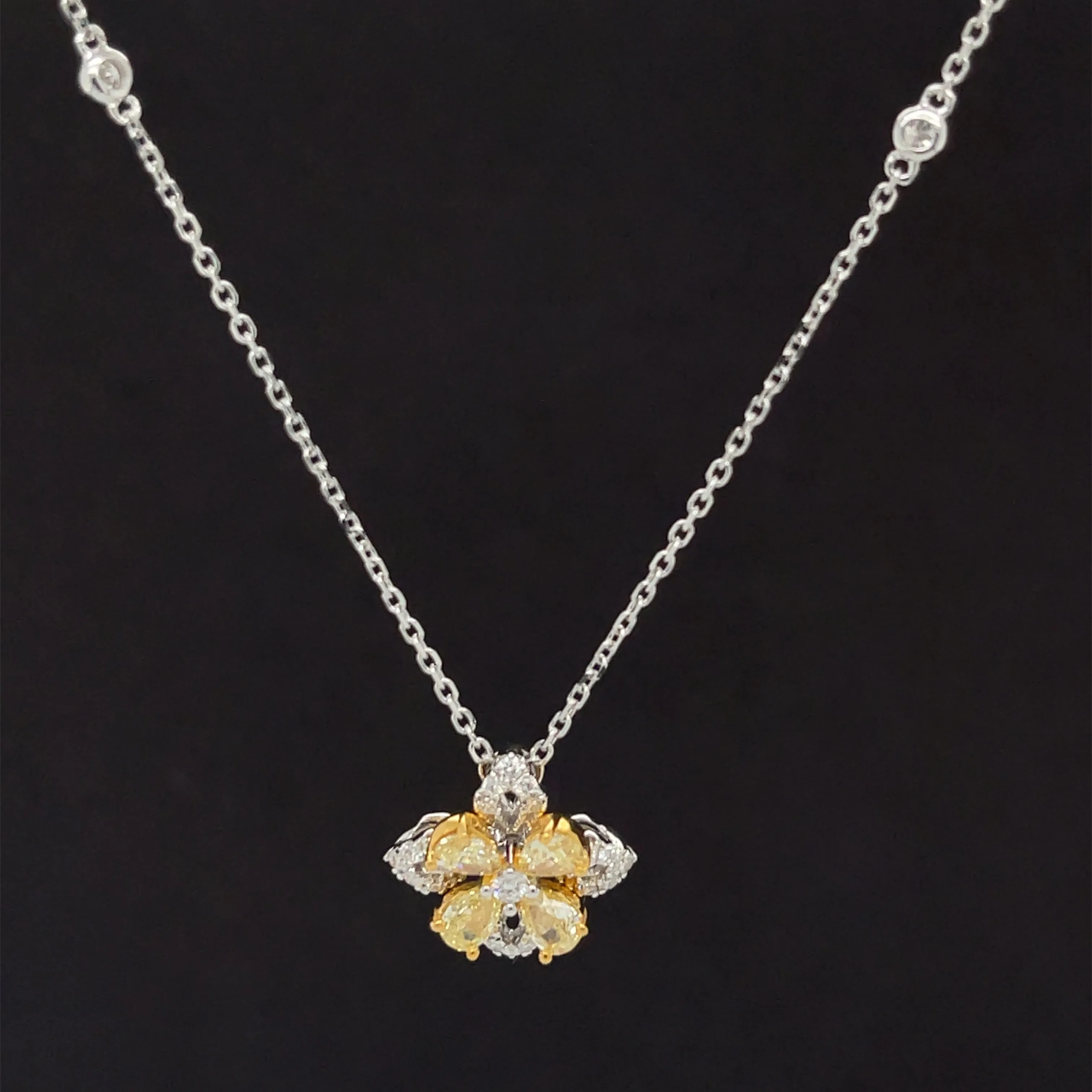 Yellow & White Diamond 0.75ctw Double Flower Cluster Raindrop Necklace in 18k Two-Tone Gold - #320 - NLDIA068230