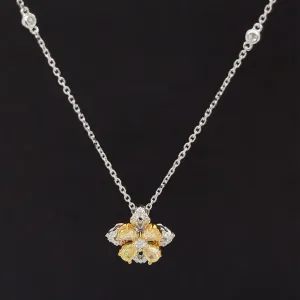 Yellow & White Diamond 0.75ctw Double Flower Cluster Raindrop Necklace in 18k Two-Tone Gold - #320 - NLDIA068230